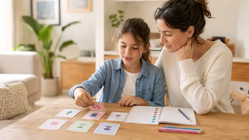 Une mère accompagne son enfant dans l'utilisation d'outils pédagogiques AIM'.
